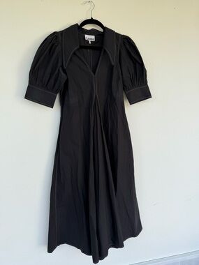 Ganni Black Puff-Sleeve Midi Dress with Contrast Stitching
